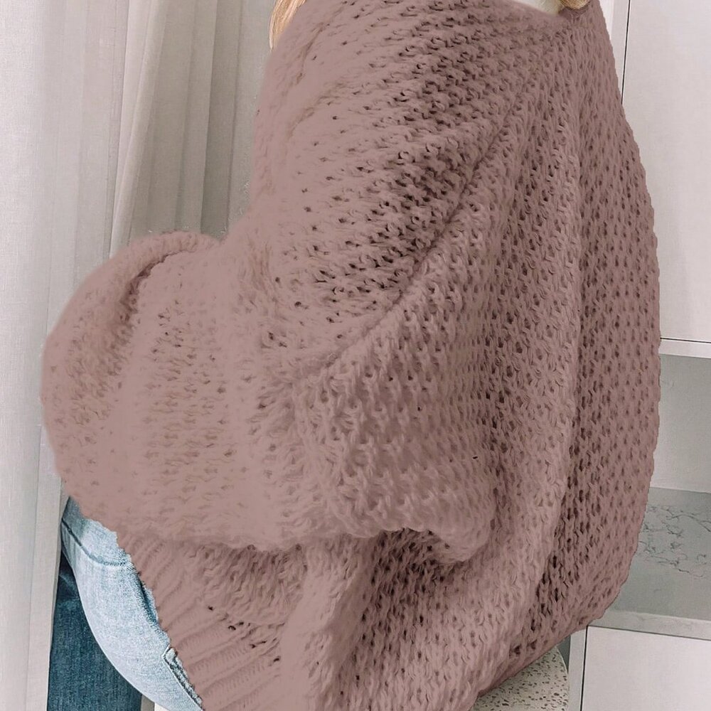 Khaki Casual Women's Dropped Shoulder Long Sleeve Hollow Out Loose Cardigan - Picture 2 of 7